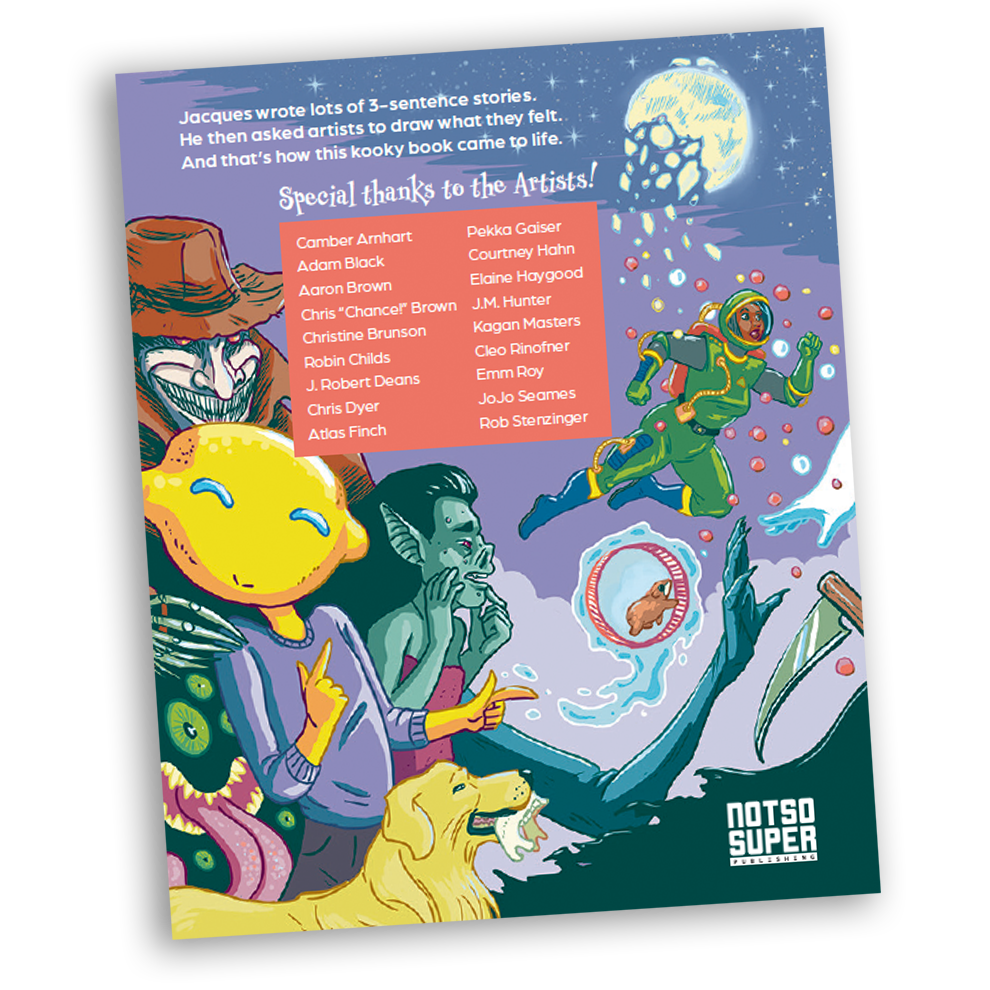 A book of zany 3-sentence stories, Illustrated by a diverse number of artists.